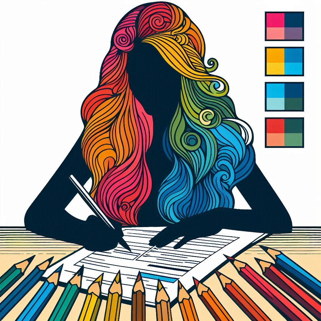 Woman with colorful hair taking a personality test