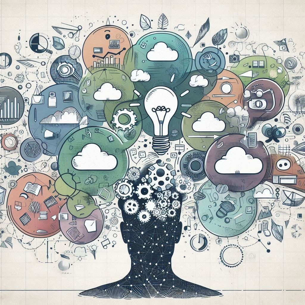 A person with multiple thinking bubbles, representing adhd symptoms
